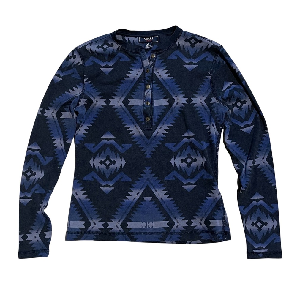 Chaps Denim Womens XS Navy Blue Aztec Southwestern Print Henley Long Sleeve Top